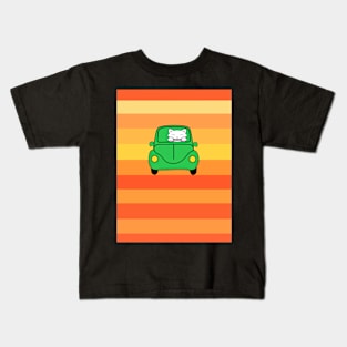 Cat driving a green retro car Kids T-Shirt